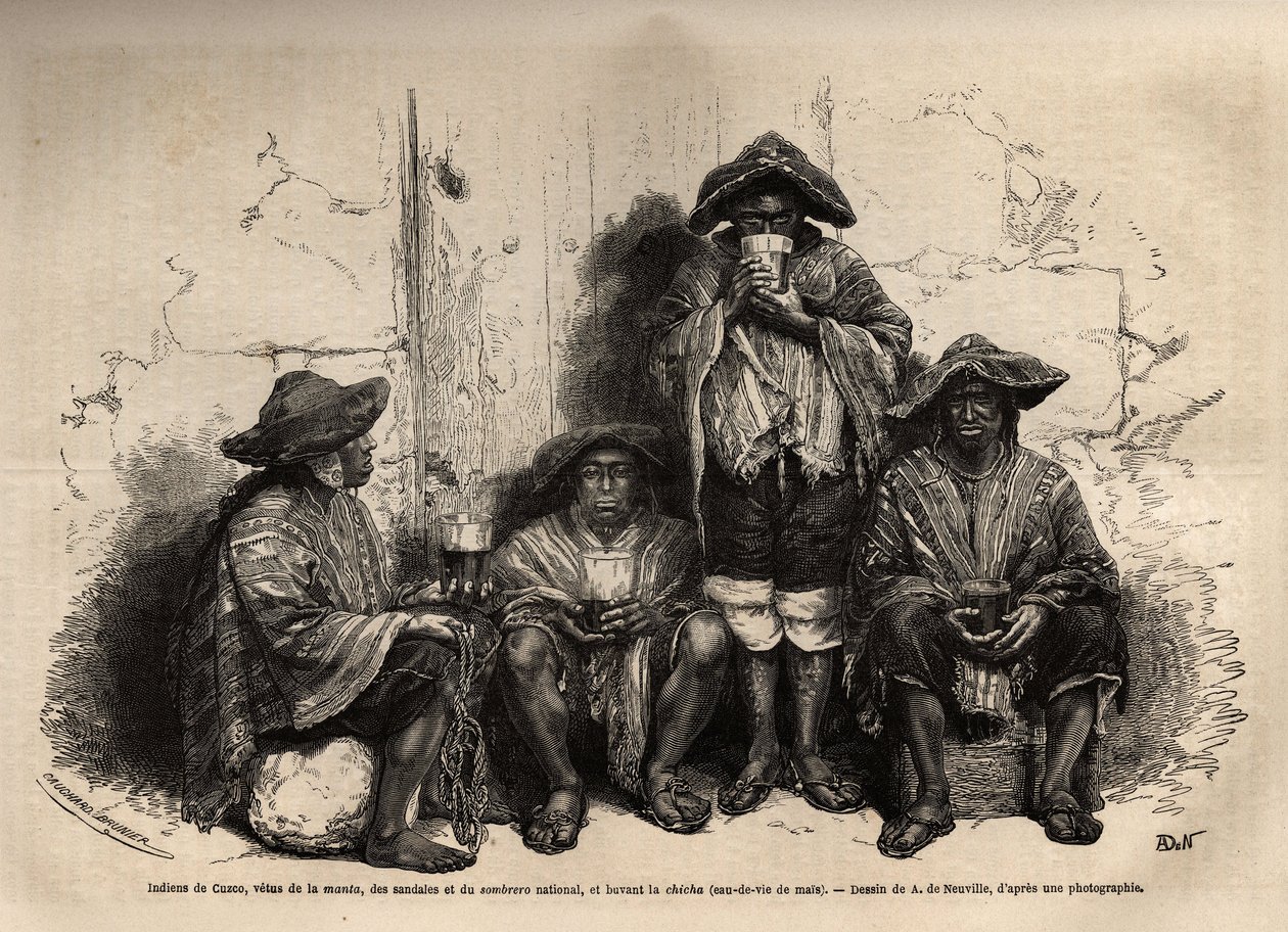 Índios de Cuzco (Peru), vetus do manta, sandálias e sombrero tradicional, empregados como mão-de-obra para a exploração de depósitos de guano nas Ilhas Chincha, bebendo narguilé, mas aguardente fermentada. Gravura para ilustrar Les iles Chincha, reto de L. de Unknown artist