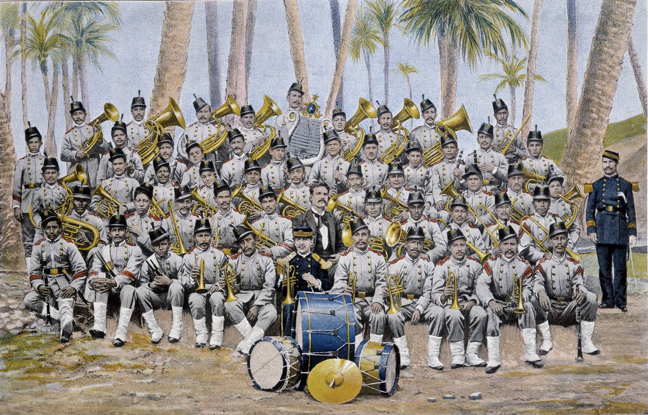 Banda de infantaria na República do Equador no final do século XIX. de Unknown artist