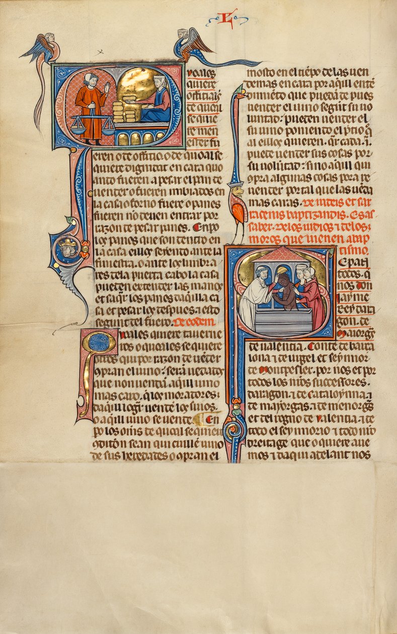 Inicial Q: Uma mulher com pães diante de um homem que segura uma balança; Inicial S: O batismo de um muçulmano de Unknown artist