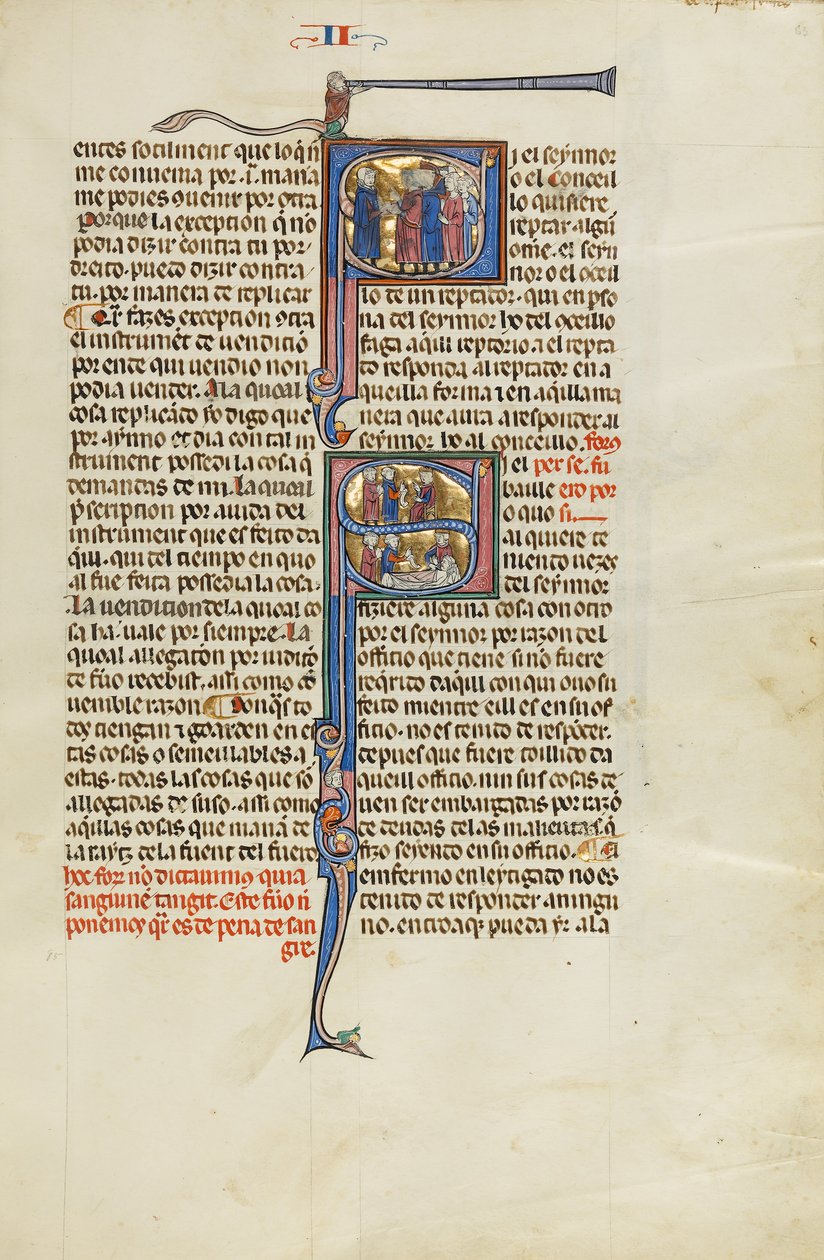 Inicial S: Um advogado de pé diante de um grupo de homens; Initial S: Um advogado com clientes diante de um juiz e um juiz, advogado e clientes no leito de um homem de Unknown artist