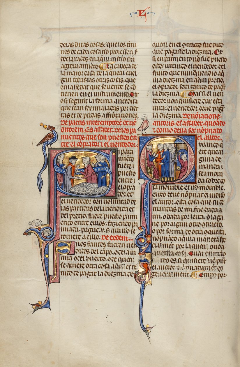 Inicial S: Dois homens apertando as mãos depois de uma venda de ovelhas; Q inicial: Três homens diante de um juiz apontando para um homem com um taco e um homem trabalhando numa bigorna de Unknown artist