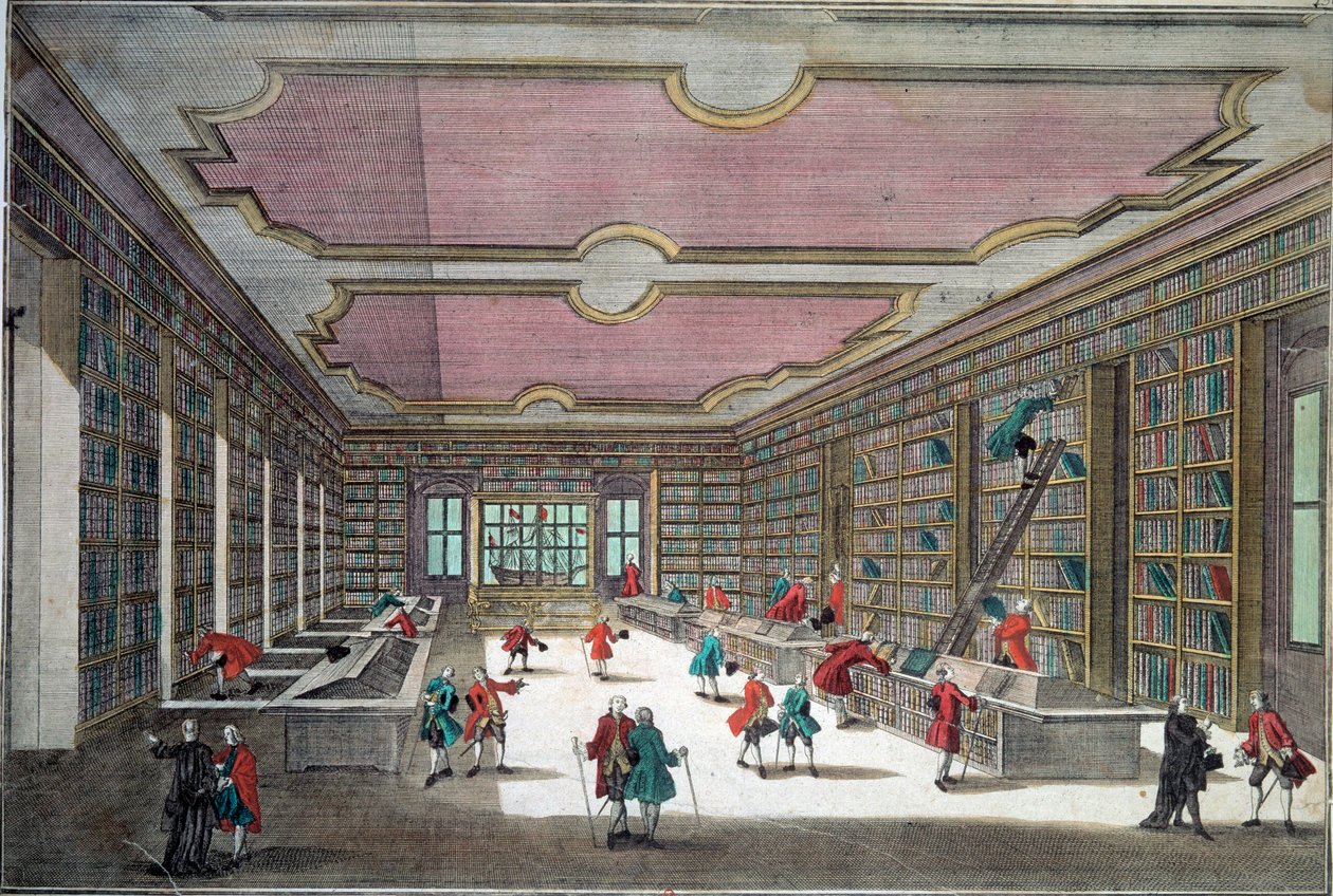 Vista do interior da biblioteca Gottingen. Gravura do século XVIII Paris, B.N. de Unknown artist