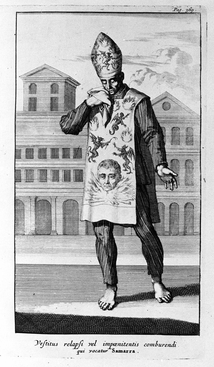 Inquisição. A veste de Samarra que os penitentes usavam. Gravura da História da Inquisição, Amesterdão 1692. de Unknown artist