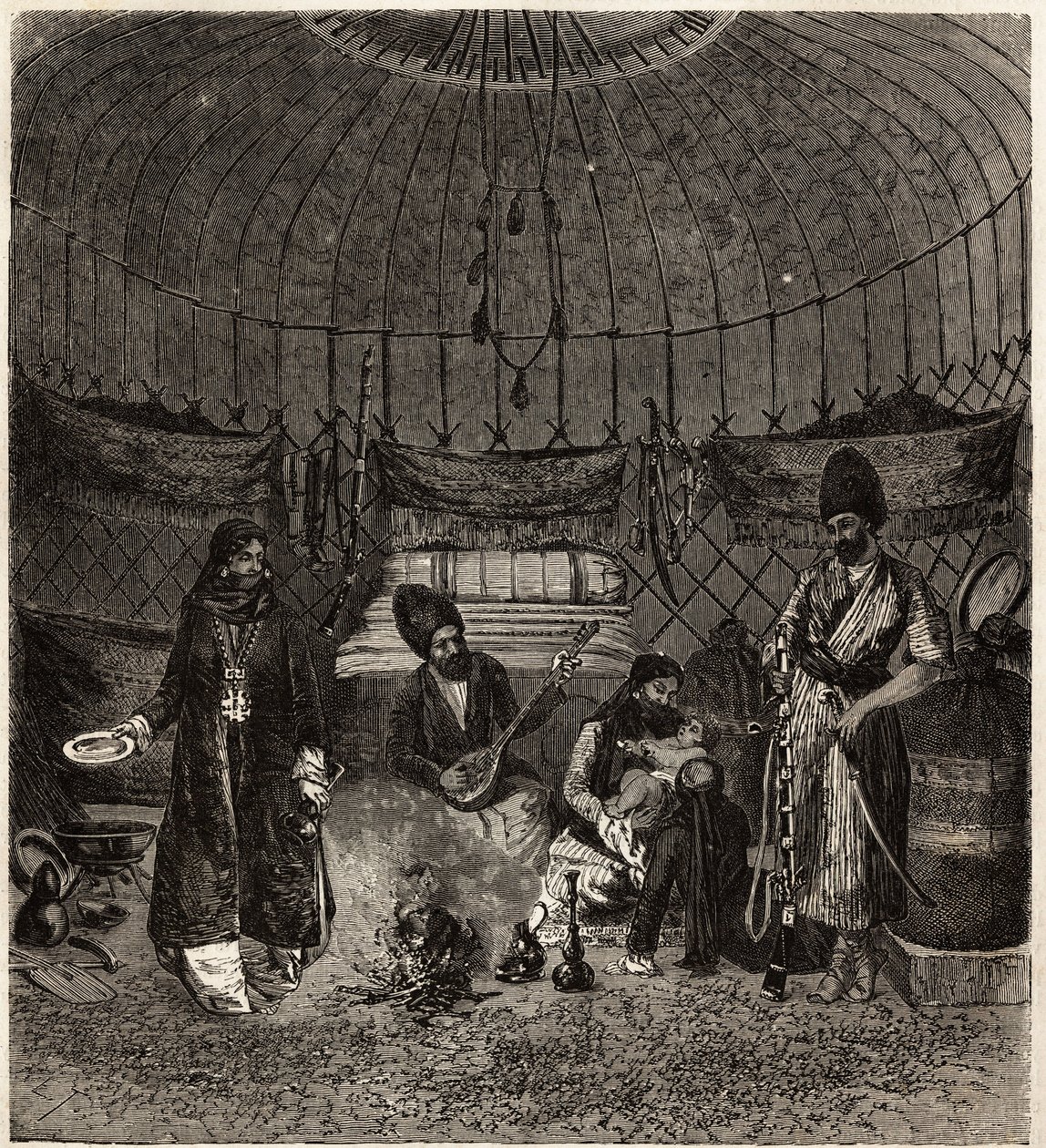 Dentro de uma tenda turca (Turkmena, Iraque), lar de uma família, com um barhchi (músico, contador de histórias) acompanhado pelo dutare para cantar ou recitar poesia, estes artistas são muito apanhados. Gravura para ilustrar a história de Henri de Blocque de Unknown artist
