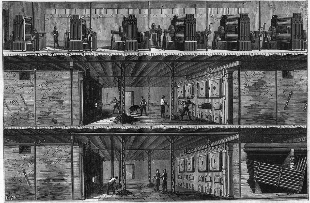 Instalação de caldeiras e dínamos de vapor na Central Electricite Distribution Station (Edison System) em Nova York, em 1884. de Unknown artist