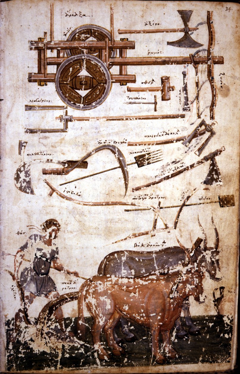 Instrumentos para trabalhar no campo e um homem lavrando - em "Scutum Herculis (O Escudo de Heracles" de Hesíodo de Unknown artist