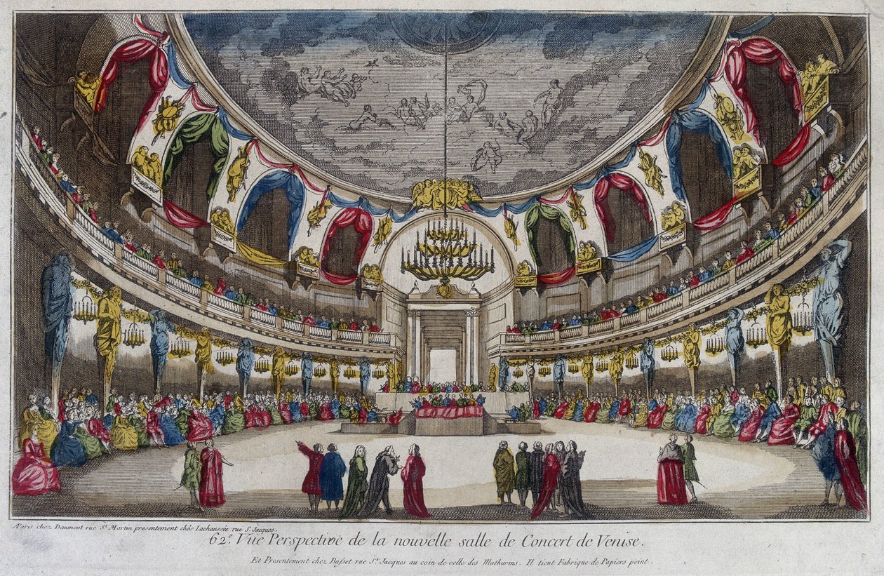 Interior de uma sala de concertos em Veneza. Gravura do século XVIII. de Unknown artist