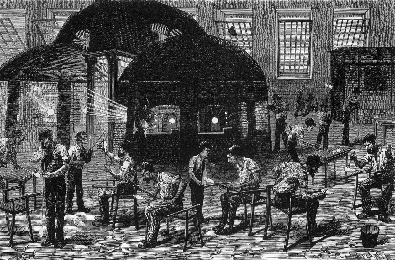 Interior de uma vidraria (gobeleterie), gravura do século XIX. de Unknown artist