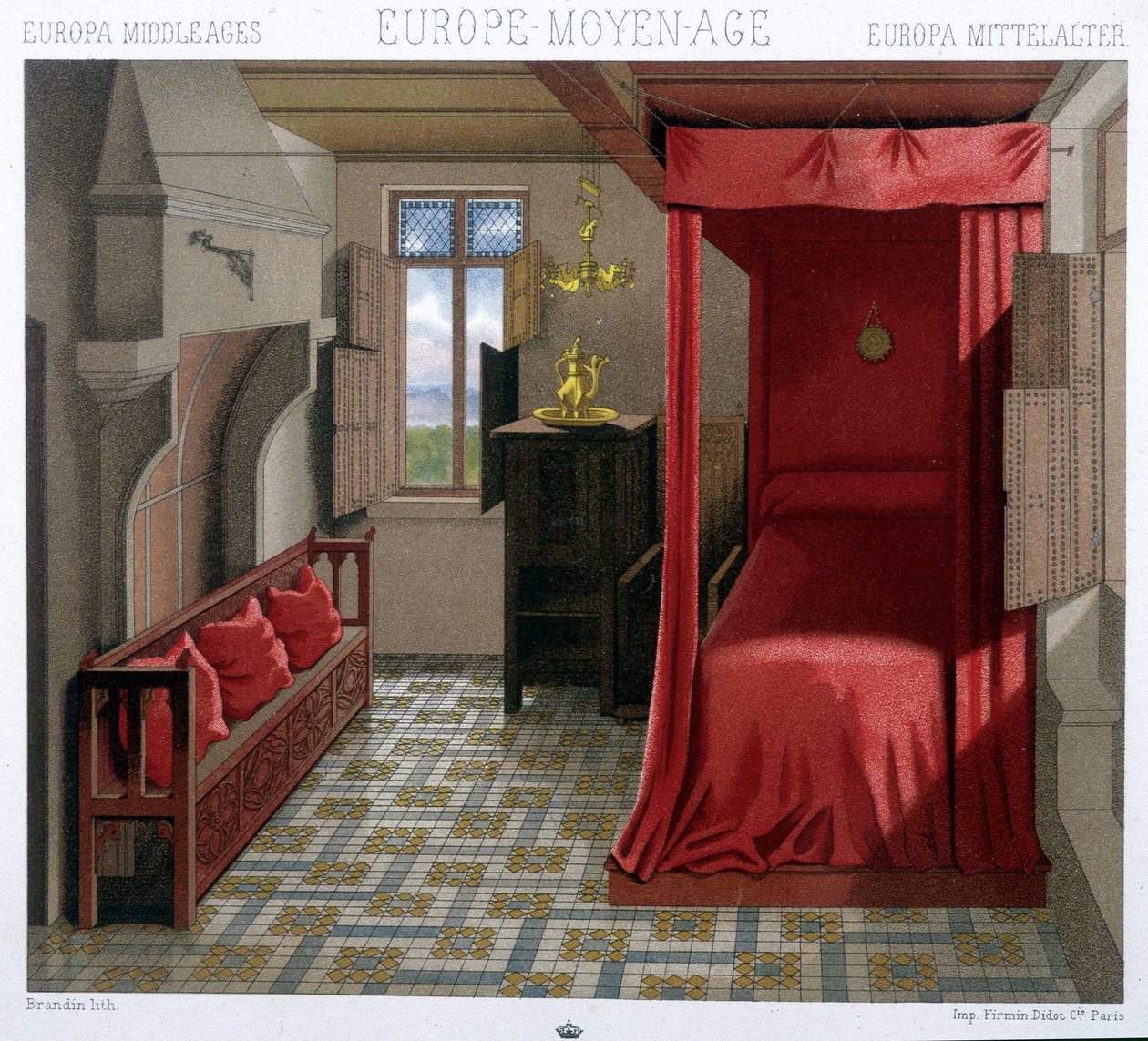 Interior de uma casa nos séculos XV e XVI. Em "Le costume historiqu" e por A. Racinet de Unknown artist