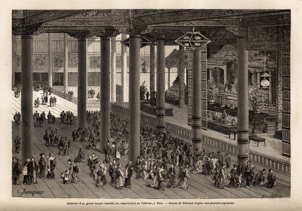 Vista interior de um grande templo budista, pertencente ao Taikoun (governante temporal do Japão) em Yedo (ou Edo, capital imperial, actual Tóquio). Gravura para ilustrar a viagem ao Japão, em 1863-1864, de Aime Humbert, ministro da Confederação Suíça. de Unknown artist