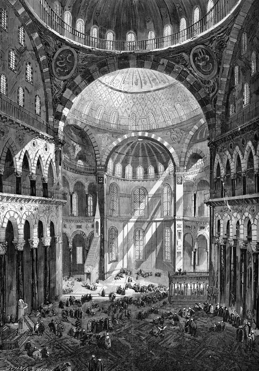 Vista interna da mesquita de Santa Sofia (Hagia Sophia) (arte bizantina do século VI) em Constantinopla, em 1858. de Unknown artist