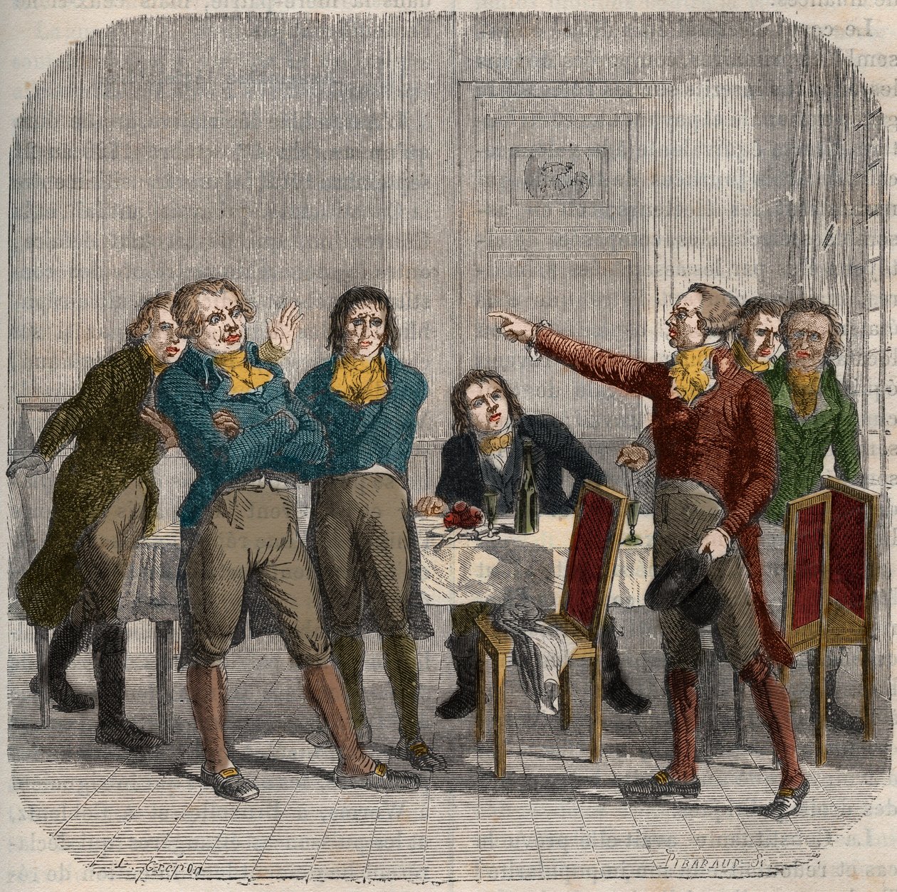 Entrevista entre Jean-Paul (Jean Paul) Marat (1743-1793), Maximilien de Robespierre (1758-1794) e Georges Jacques Danton (1759-1794) em 28 de Junho de 1793 num café parisiense na Rue du Paon. Gravura em "Histoire nationale illustree de la France". 19º cen de Unknown artist