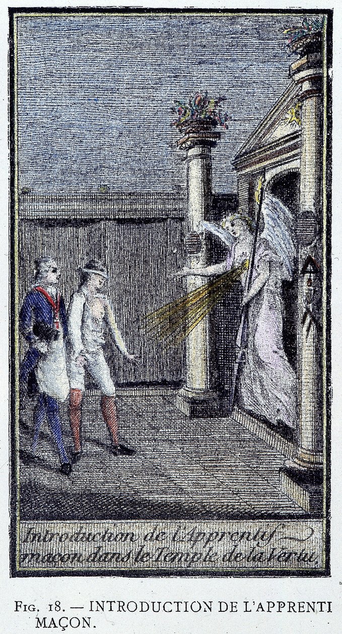 Introdução do pedreiro aprendiz - de uma gravura da "Precious Collection of the Adonhiramite Masonry" por um cavaleiro de todas as ordens maçônicas de Unknown artist
