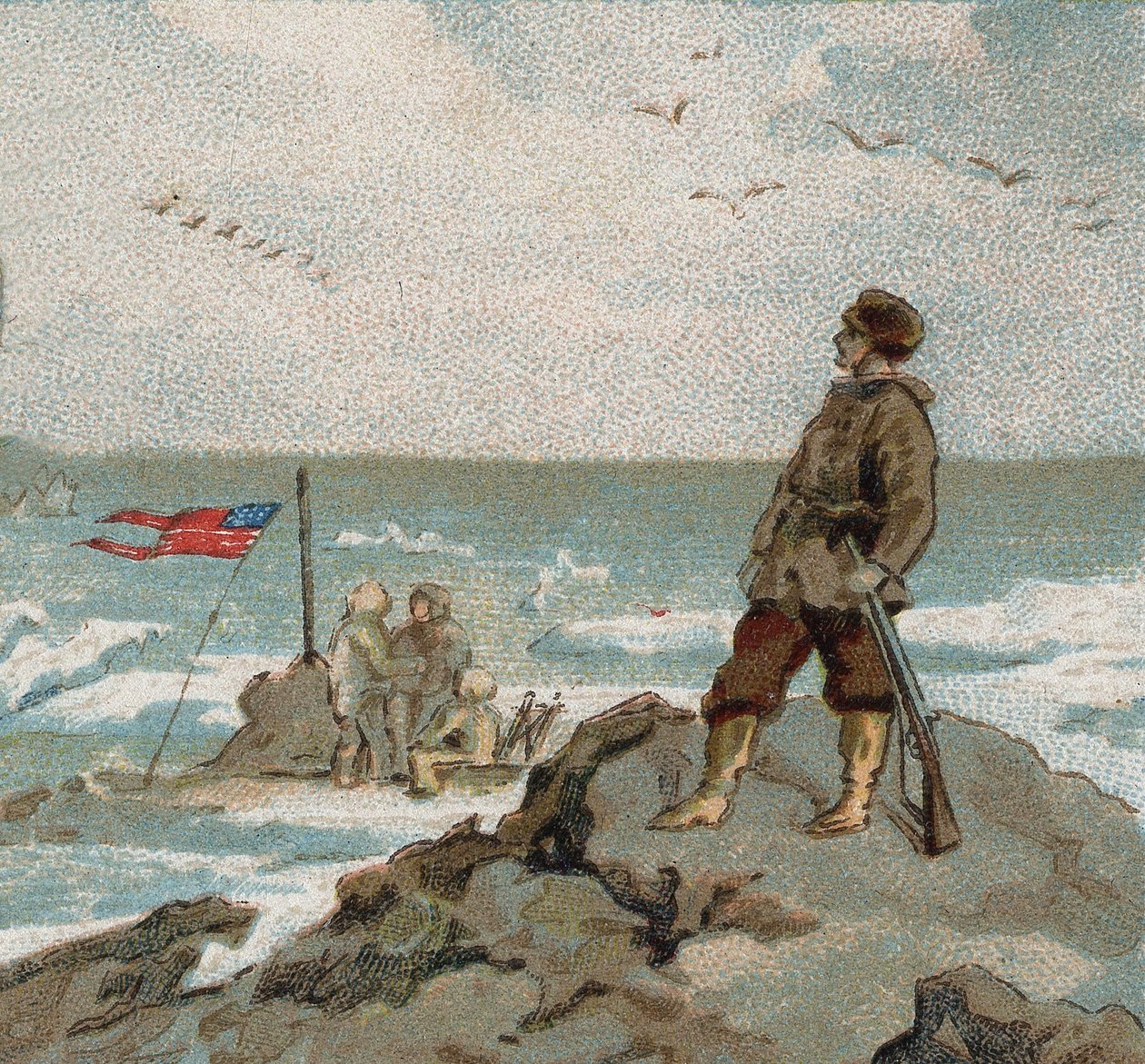 Isaac Israel Hayes (1832-1881) ostentando a bandeira americana nas margens do mar polar. Chromo do final do século XIX. de Unknown artist