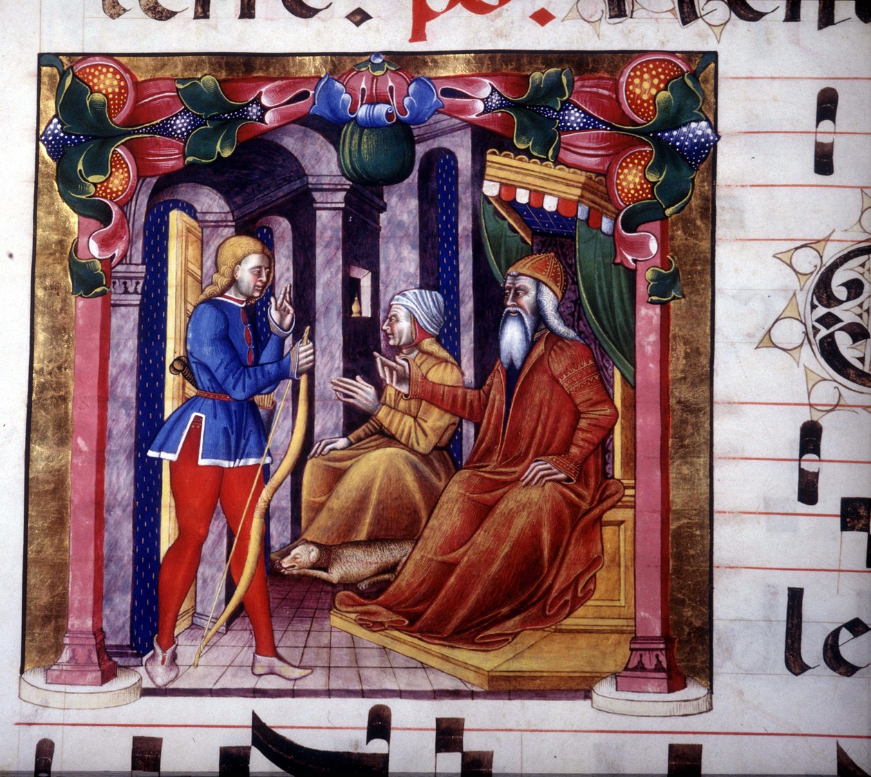 Isaac convida Esaú para caçar. Manuscrito do século XV. Antifonário do século XV. Biblioteca de Lodi de Unknown artist