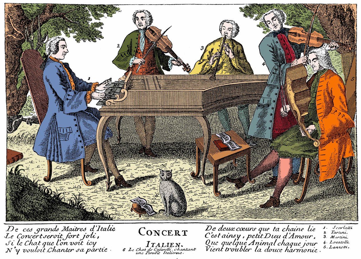 Concerto italiano (música barroca) com 1. Scarlatti (cravo) - 2. giuseppe Tartini (violino) - 3. Padre (padre) Martini (Giovanni battista) (flauta) - 4. Locatelli (violino) - 5. Lanzetti (viola) - 6. Gato cantor. Gravura do século XVIII de Unknown artist