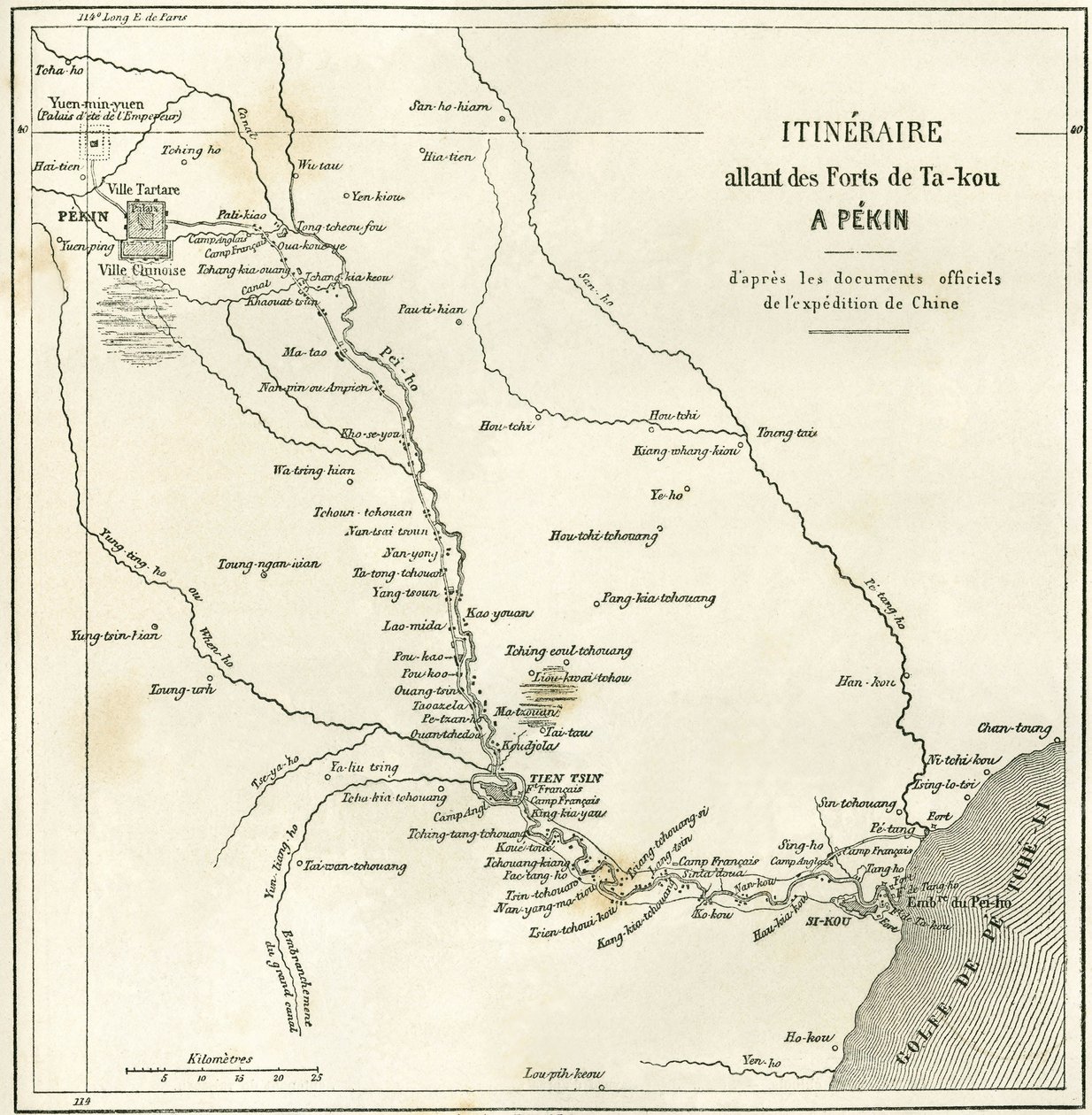 Itinerário ao longo do rio Hai He perto de Tien Tsin (Tien-Tsin, Tianjin) até Pekin (Pequim), China. Carte, em "Le Tour du Monde, Nouveau journal des Voyages", editado por Edouard Charton, Paris de Unknown artist