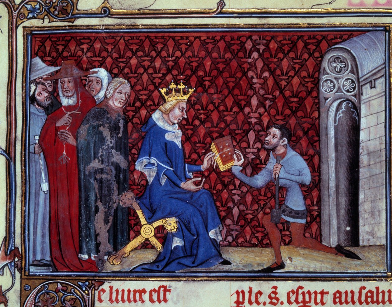 Jacques Bauchant apresenta seu livro ao Rei Carlos V (1338-1380) Miniatura tirada de "Caminhos de Deus e Visões de Santa Elisabeth von Schonau (1128-1164)" por Jacques Bauchant de Saint Quentin (? -1396), Paris, B.N. de Unknown artist