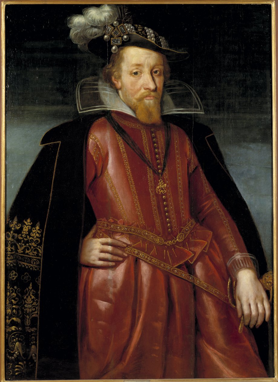 James Stuart, James VI Rei da Escócia e James I Rei da Inglaterra e Irlanda - Retrato do Rei James I da Inglaterra (1566-1625), Anônimo . Óleo sobre madeira. Dimensão : 115x86 cm. Nationalmuseum Estocolmo de Unknown artist