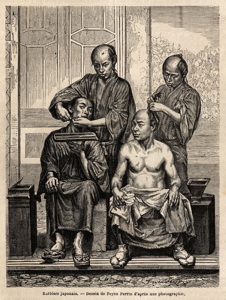 Barbeiros japoneses em sua loja, um barbeando a barba, o outro estilizando um homem barbeado. Gravura para ilustrar a viagem ao Japão, em 1863-1864, de Aime Humbert, ministro da Confederação Suíça, em "Le tour du monde, nouveau journal des voyages" pu de Unknown artist