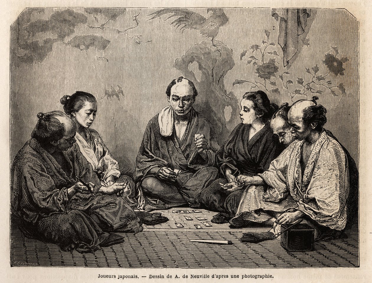 Jogadores japoneses no meio das cartas. Gravura para ilustrar o Japão, história de viagem de Aime Humbert, ministro da Confederação Suíça, em 1863-1864, publicada na "Le tour du monde, nouveau journal des voyages", sob a direcção de Edouard Charton de Unknown artist