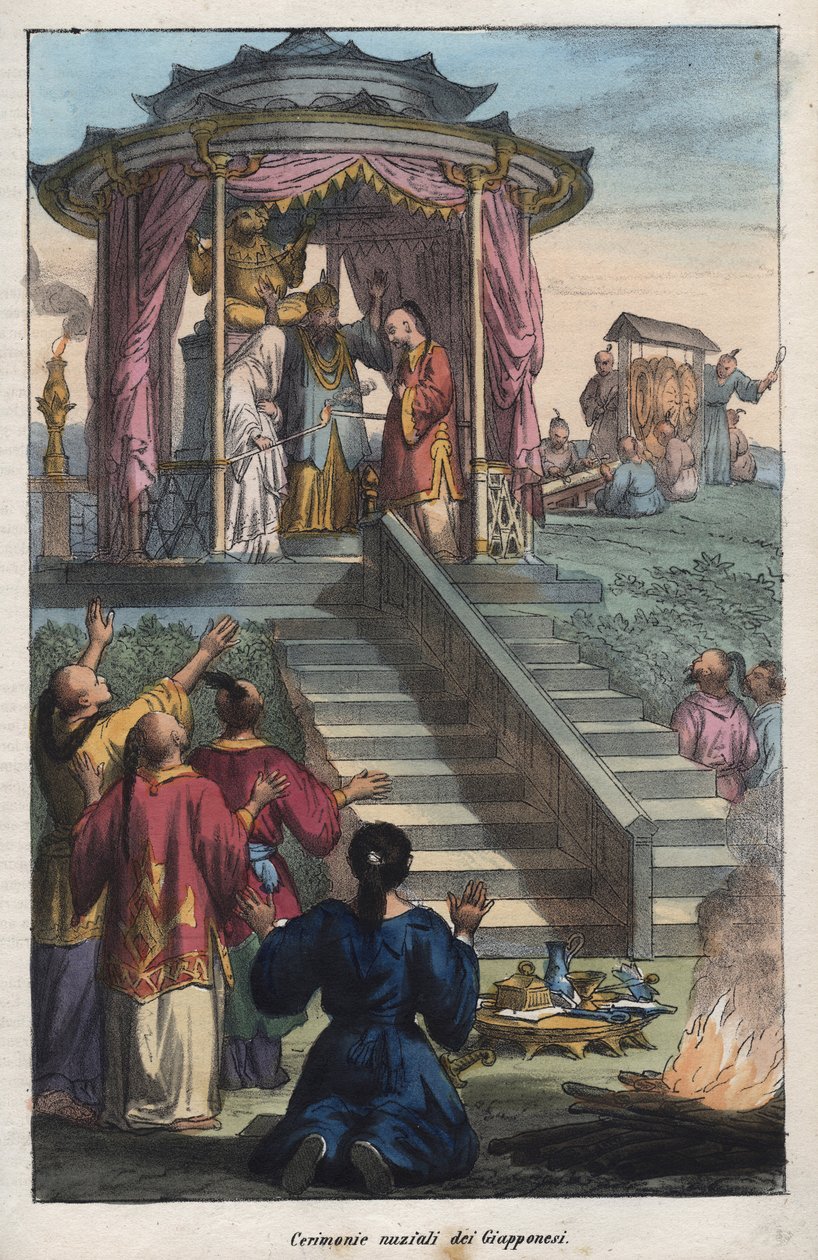 Casamentos japoneses - cerimônia de casamento dos japoneses - gravura de "Usos e costumes de todos os povos do Universo". Ou melhor, a história do governo, das leis, das milícias, da religião de todas as nações desde os tempos mais remotos até aos nossos d de Unknown artist