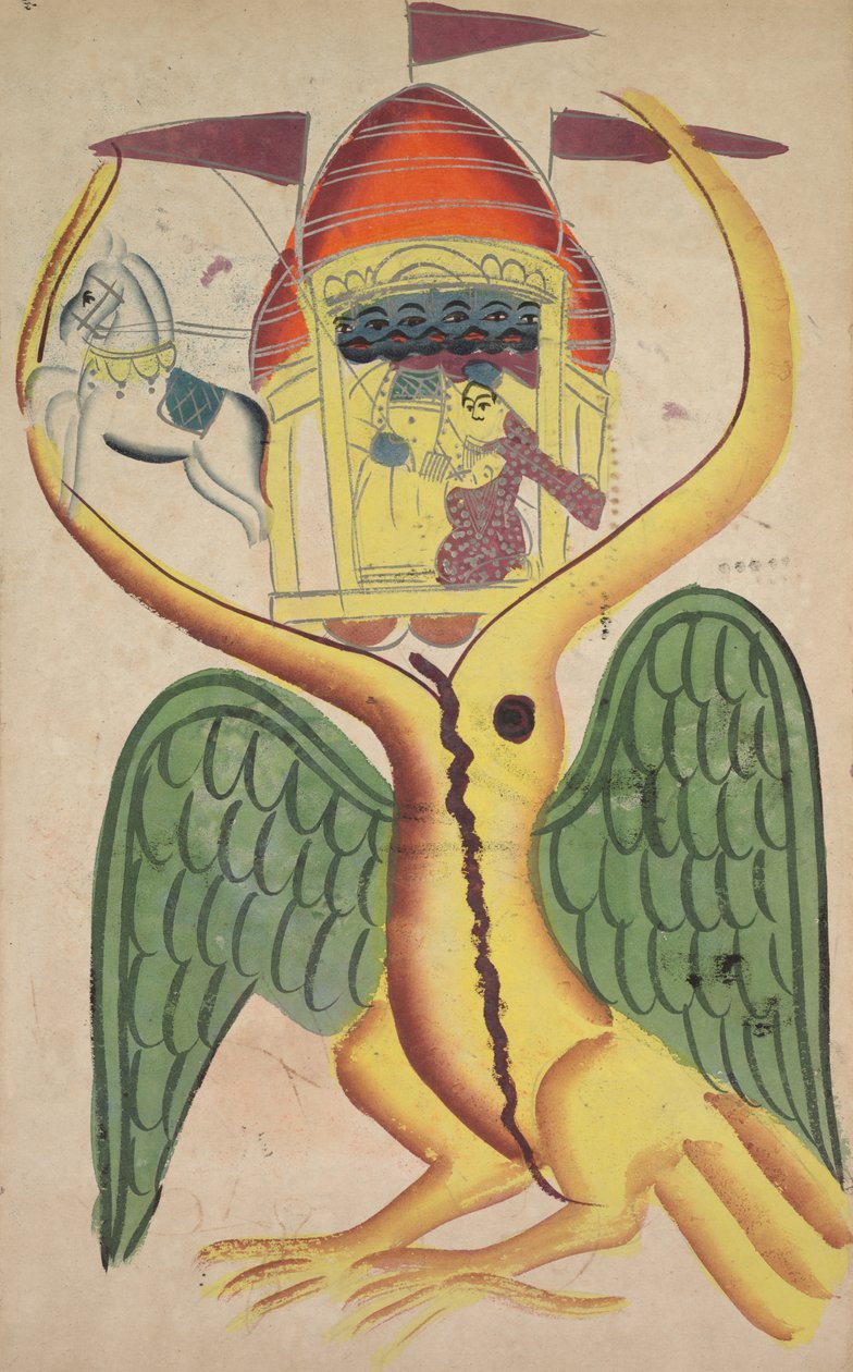 Jatayu impede a carruagem de Ravana, tentando impedir o rapto de Sita (reto) de Unknown artist