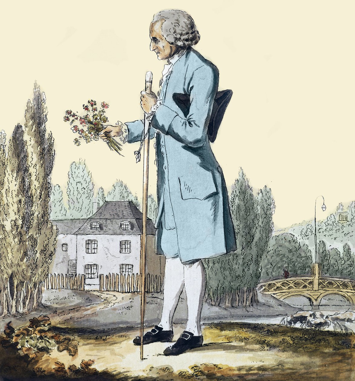 Jean-Jacques Rousseau (1712-78) Colheita de ervas em Ermenonville, junho de 1778 - Representação do filósofo Jean Jacques Rousseau (1712-1778) colhendo flores em Ermenonville. de Unknown artist