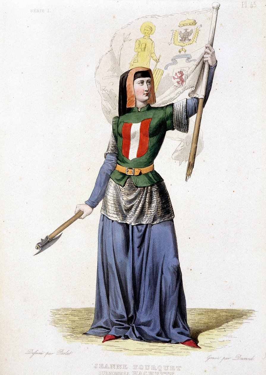 Jeanne Laisné, conhecida como Jeanne Fourquet, apelidada de Jeanne Hachette Heroína Francesa (1456 a?). gravura de 1835 de Unknown artist