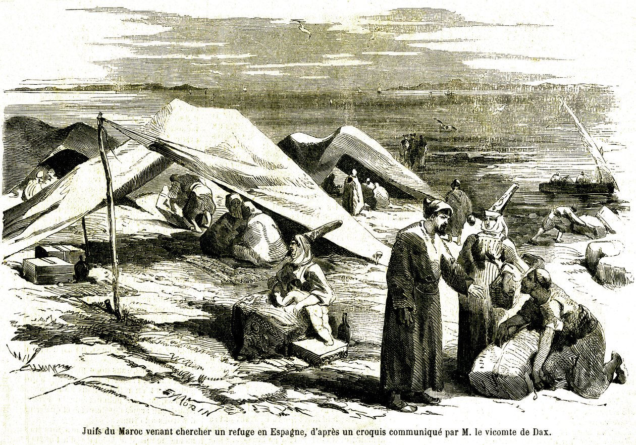 Judeus de Marrocos em busca de refúgio em Algesiras, Espanha, em meados do século XIX (gravura) de Unknown artist