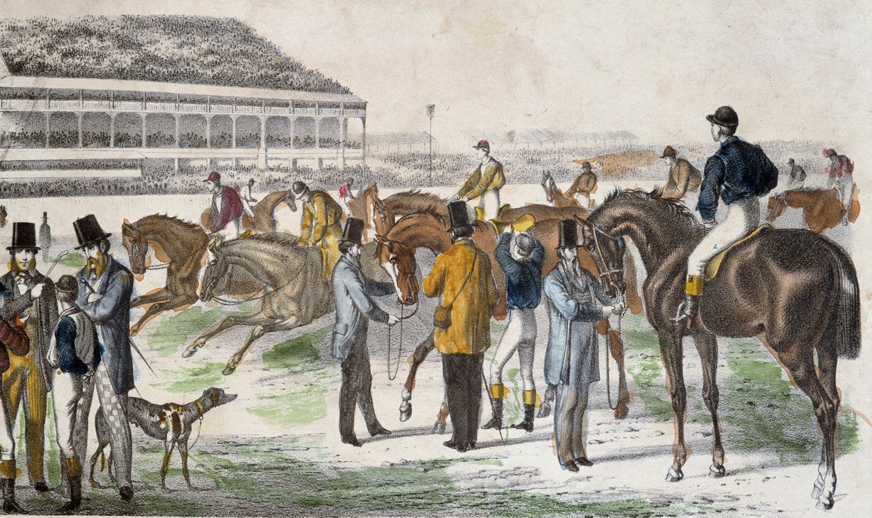 Jockeys e seus cavalos antes da corrida - gravura, c. 1850 de Unknown artist