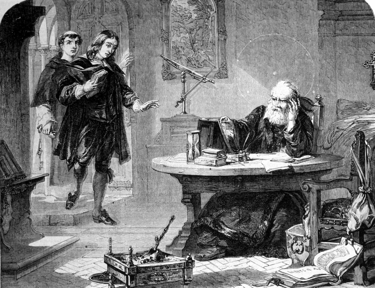 John Milton, poeta e ensaísta inglês (1608 - 1674) visitou Galileo Galilei (Galileu) (1564 - 1642) em sua cela da Inquisição de Florença. Gravura. 1860 aproximadamente. de Unknown artist