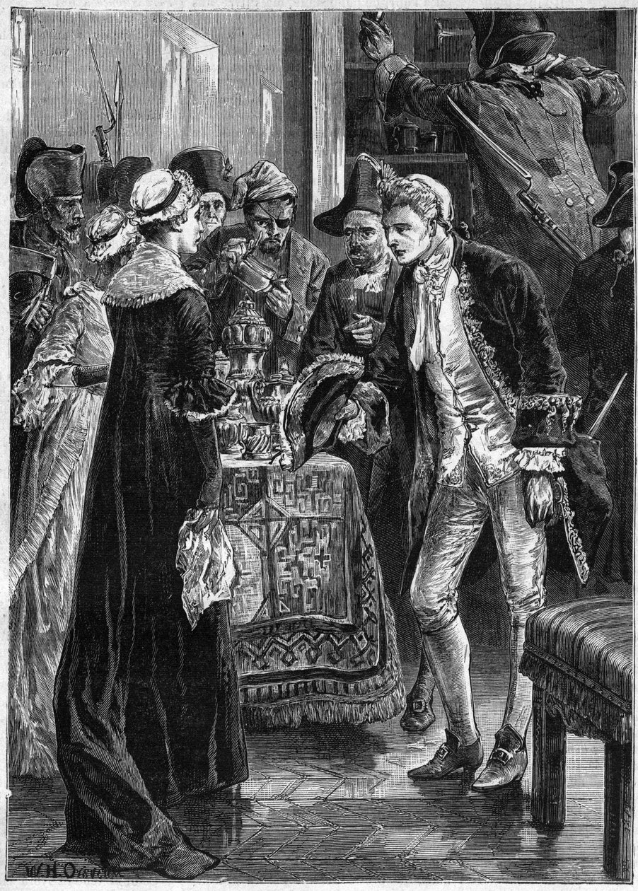 John Paul Jones visita Lady Selkirk depois dos seus homens terem levado os seus valores - Marinha Americana: John Paul Jones (1747-1792) heróis da Guerra da Independência Americana e a tripulação do Ranger invadiram o castelo do Conde de Selkirk nos Estado de Unknown artist