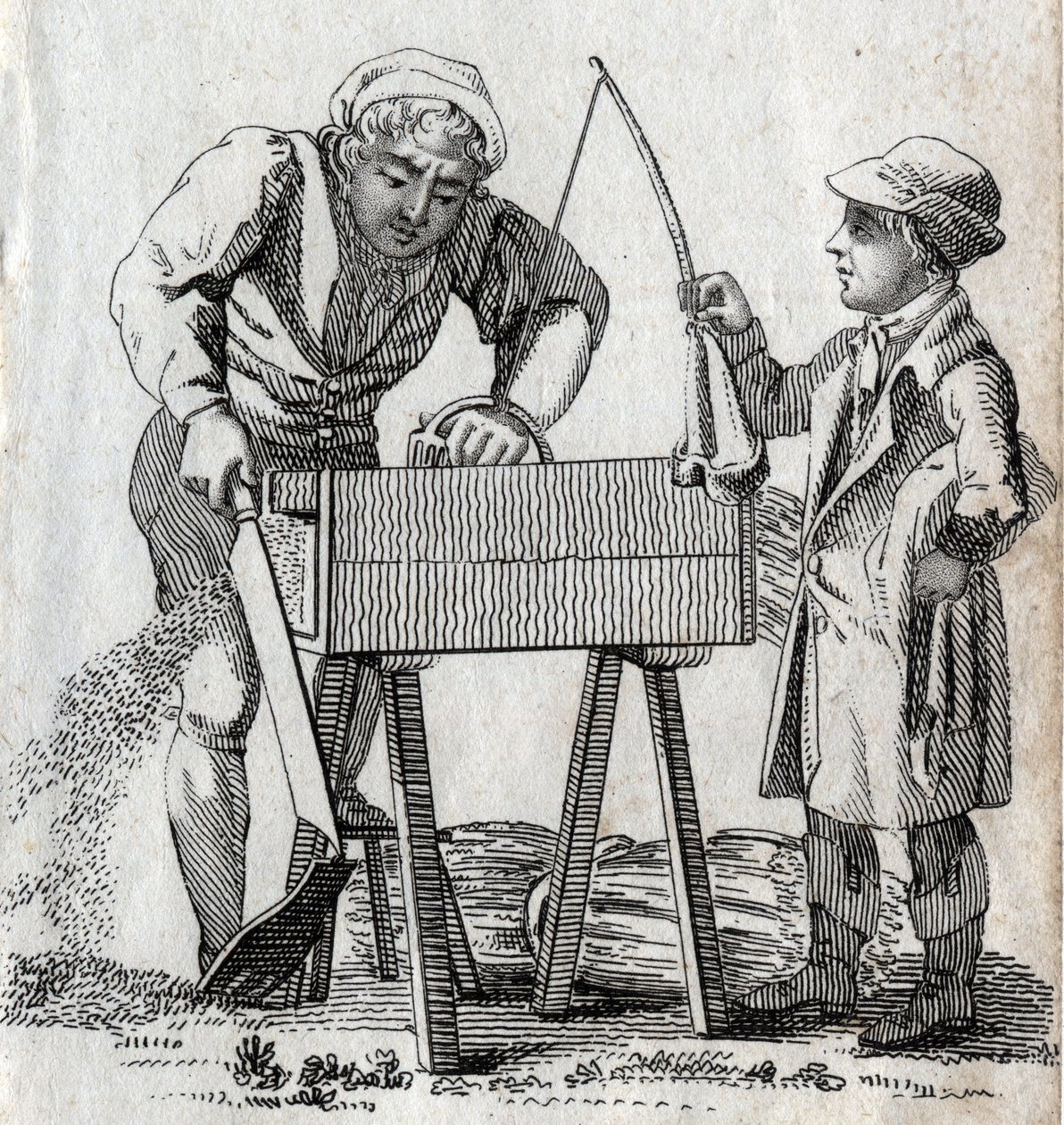 Joiner e aprendiz. Gravura de finais do século XVIII. Colecção privada. de Unknown artist