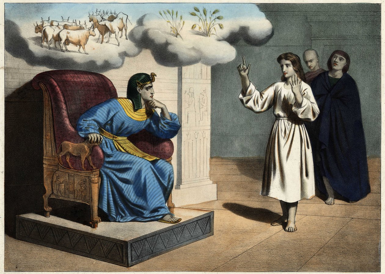 José explicando o significado do sonho do faraó (a saber: as sete vacas gordas e as sete vacas magras, e as sete vacas inchadas de trigo e as sete espigas queimadas pelo vento). Gravura anónima de meados do século XIX. de Unknown artist