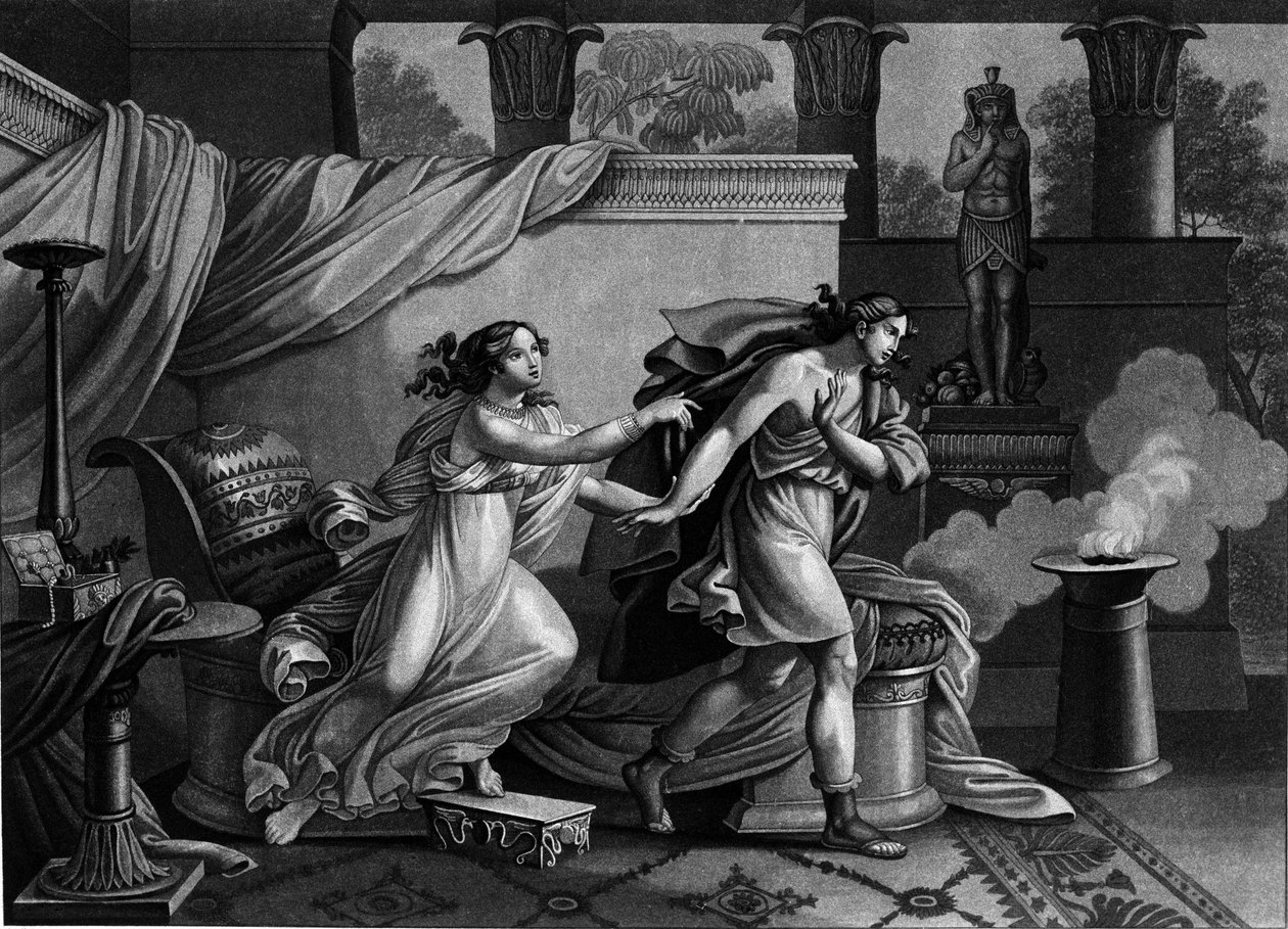 José fugindo da esposa de Putiphar (Potiphar) procurando seduzir a litografia do século XIX de Unknown artist