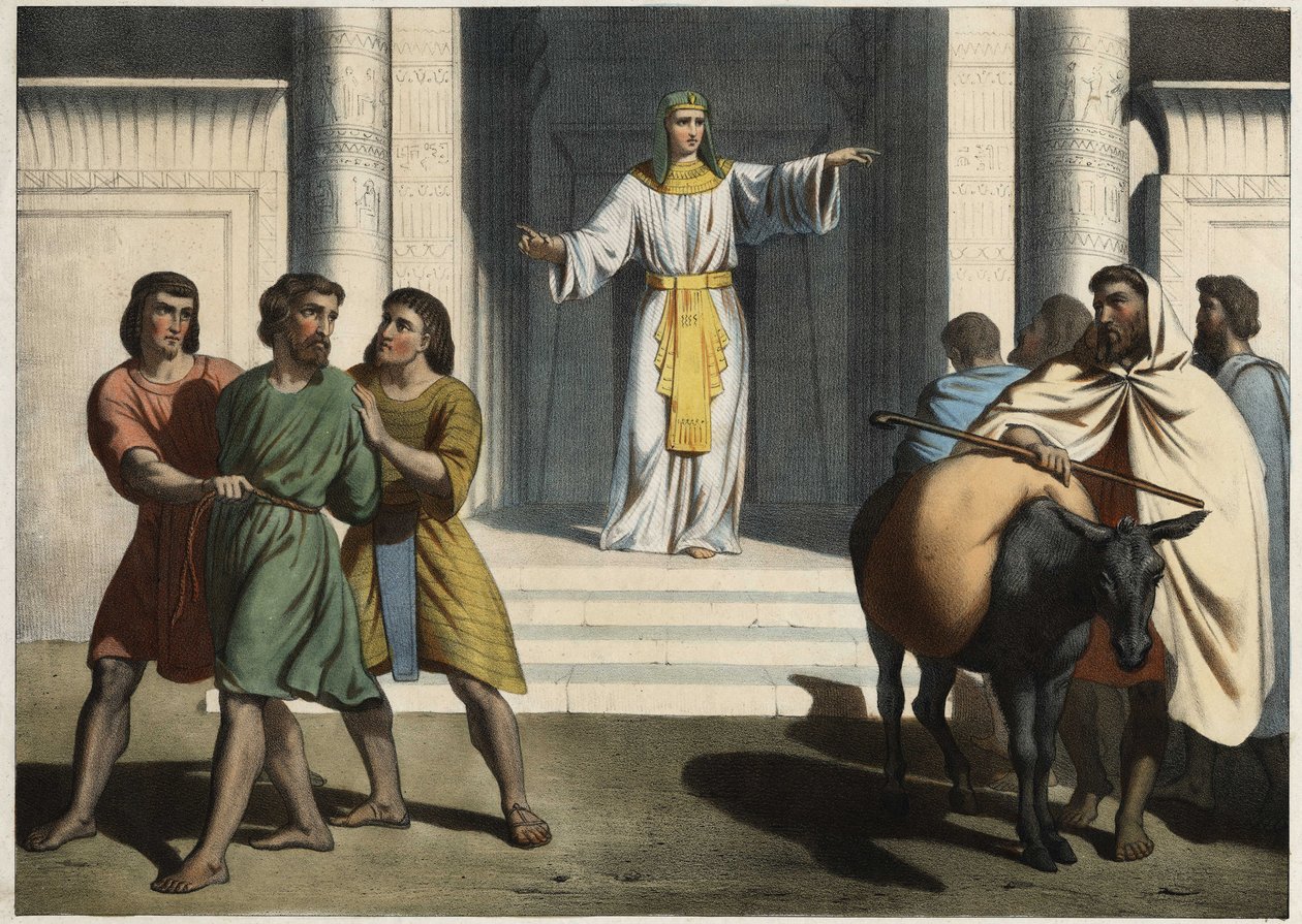Joseph mantendo o Simeon refém: José, o Patriarca, pede aos seus irmãos que o apresentem ao mais novo Benjamin e mantém Simeão como refém, à espera do seu regresso. Gravura anónima de meados do século XIX. de Unknown artist