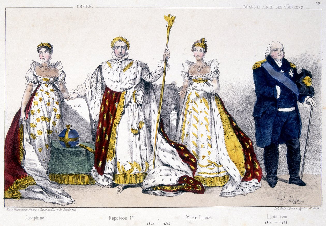 Josephine, Napoleão I, Marie Louise e Luís XVIII - em "La Monarchie francaise en estampes de Unknown artist