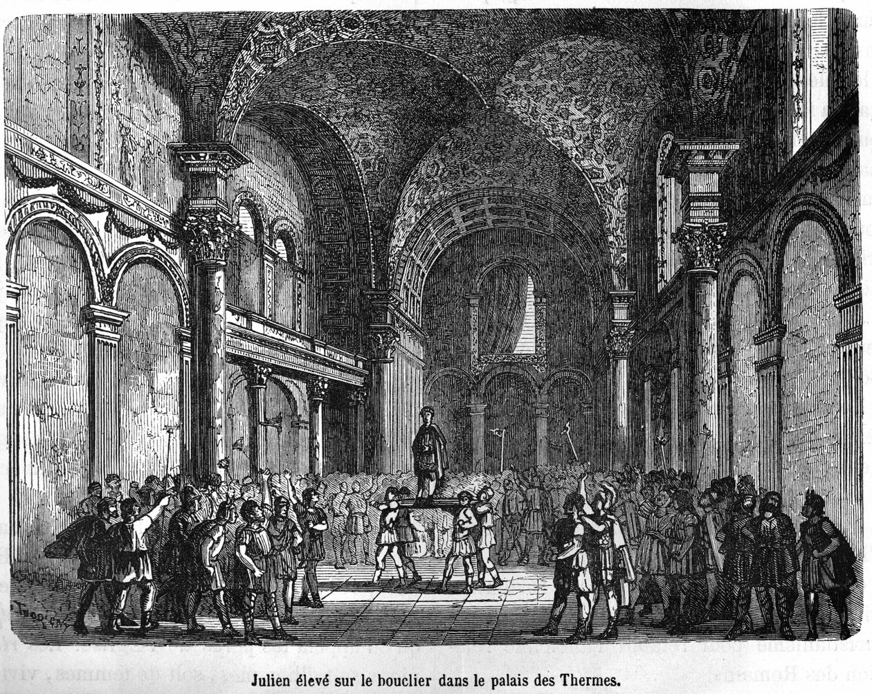 Julien (Flavius Claudius Julianus 331 - 363) levantado no Escudo do Palácio Termal - no Histoire de France por Henri Martin, sd. Século XIX de Unknown artist