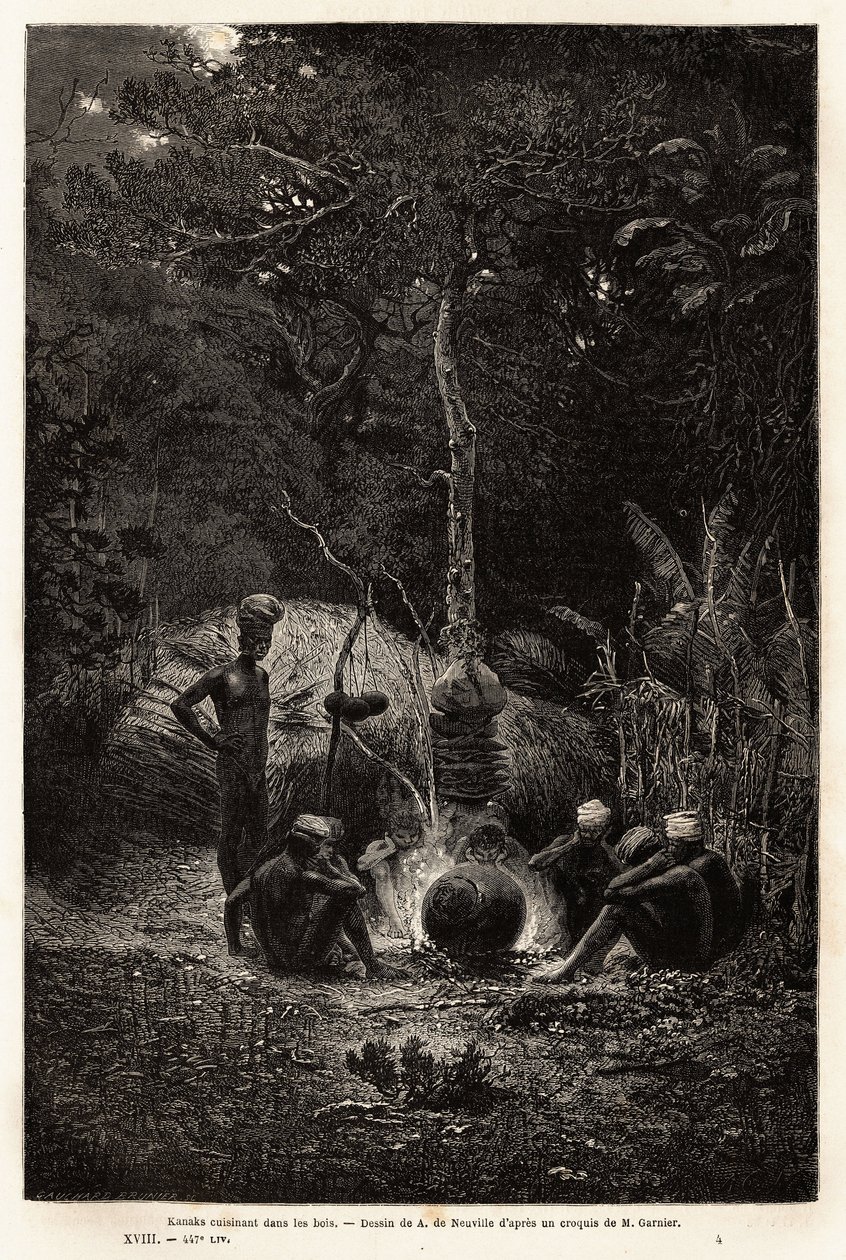 Kanaks cozinhando no bosque, no território de Pamale. Engravure pour illustrrer le voyage à la Nouvelle Caledonie, de Jules Garnier, engenheiro civil de minas, em 1863-1866, publicado no "Le tour du monde, nouveau journal des voyages", editado por Edouard  de Unknown artist
