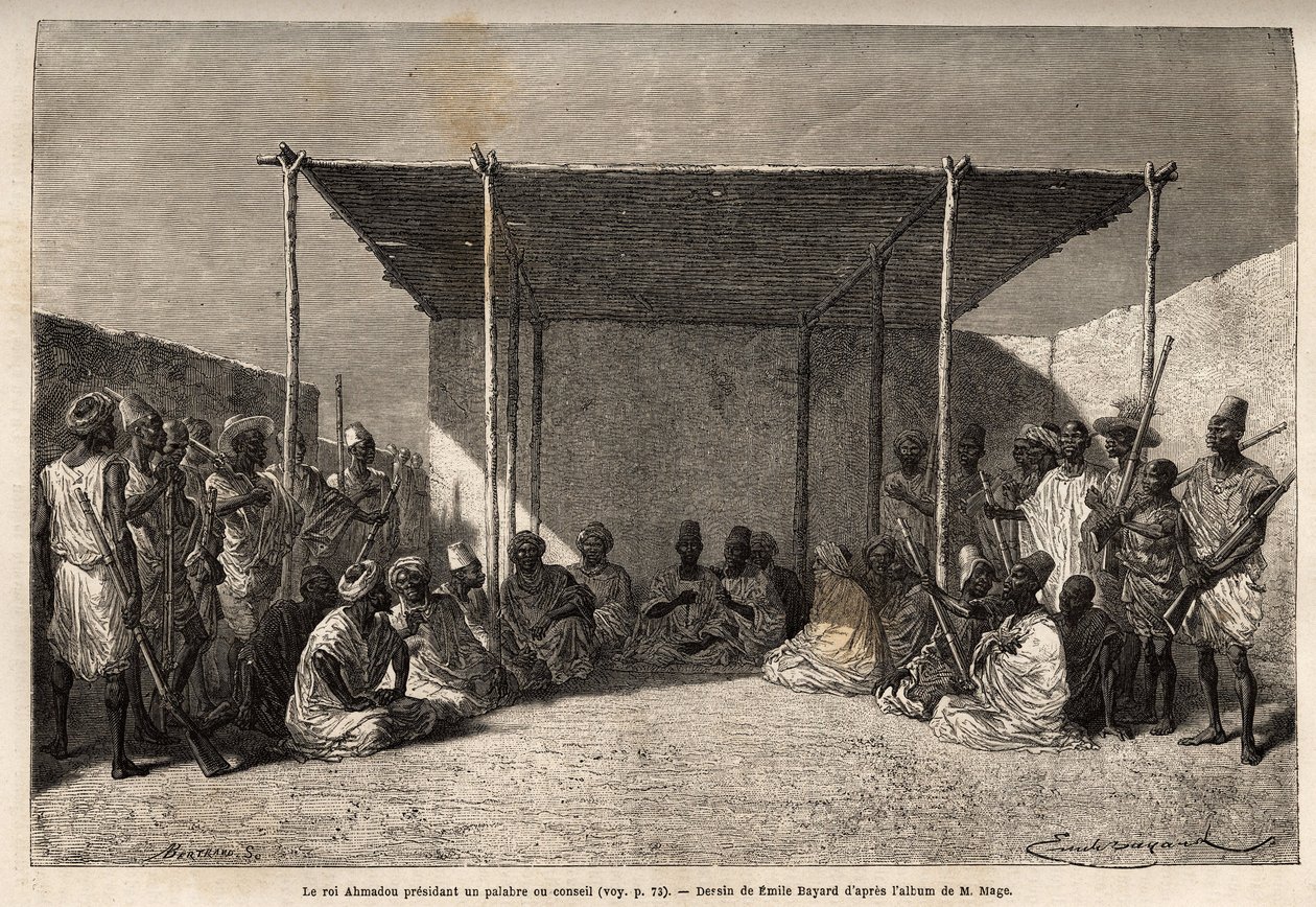 O rei Ahmadou presidindo a um conselho ou palabro do império tucouleiro em Segou Sikoro (Mali), os sábios se sentam e os guerreiros se põem, o rei segura em suas mãos um rosário muçulmano. Gravura para ilustrar a viagem ao Sudão Ocidental do Tenente (Marin de Unknown artist