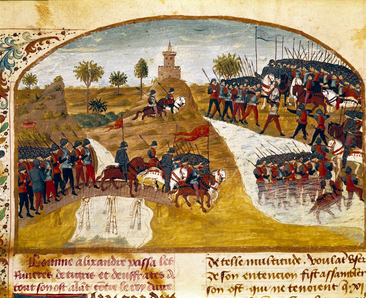 O Rei Alexandre o Grande (356-323 AC) e seu exército passam o Tigre e o Eufrates Miniatura do "Livro de Fatos de Alexandre o Grande" de Quintus Curtius Rufus (Quinteto Curce) (século I), cerca de 1468. (Sra. 1335) Reims. Biblioteca Municipal de Unknown artist