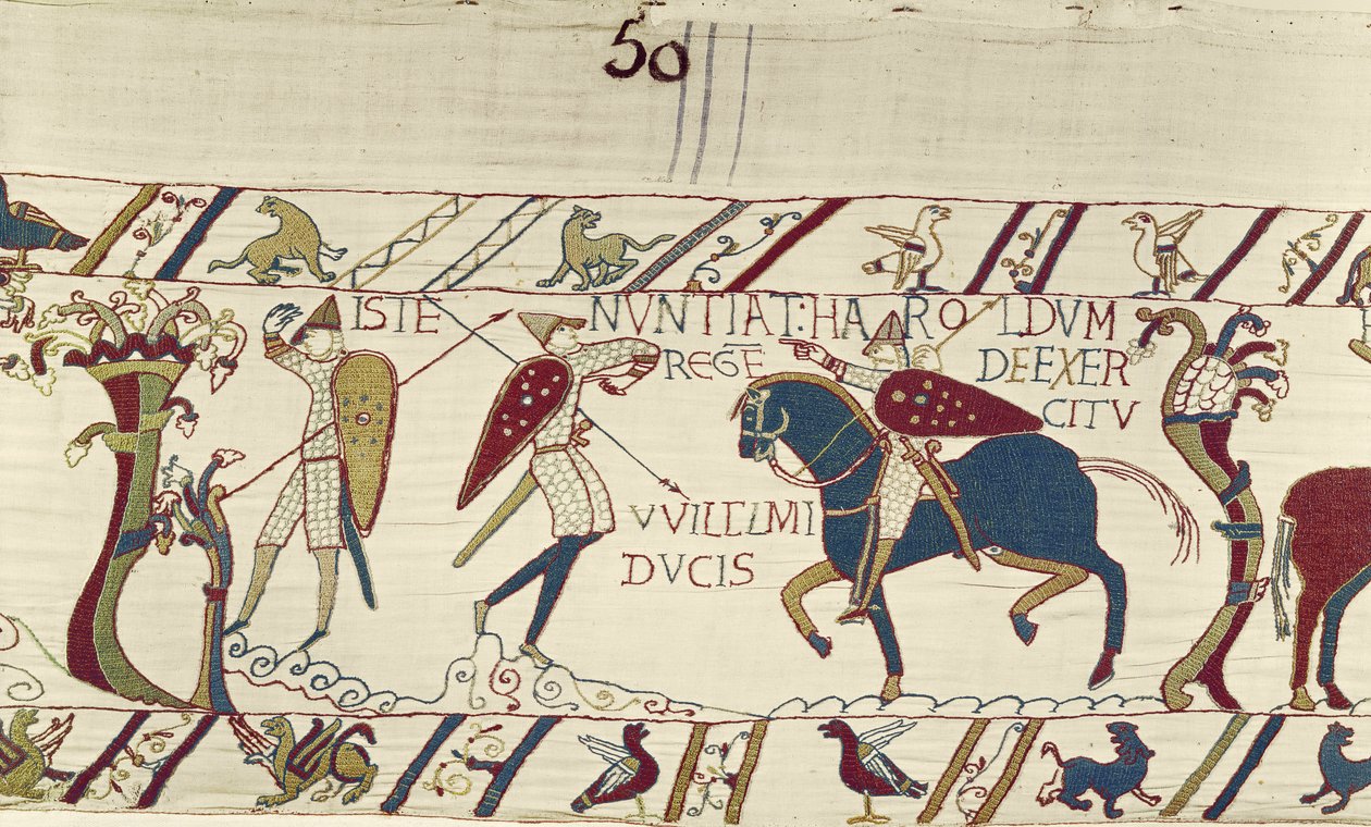 O mensageiro do Rei Harold dá-lhe notícias do exército do Duque Guilherme, Bayeux Tapestry (bordado de lã em linho) de Unknown artist