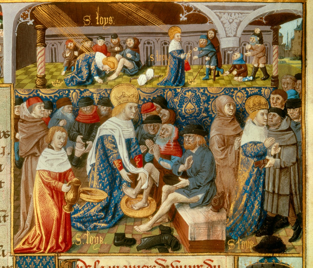 Rei Luís IX (1214-1270) (Saint Louis) lavando os pés dos pobres e cenas de caridade cristã do Rei Miniatura tiradas de um manuscrito "O Livro de Fatos de Monsenhor Saint Louis" do século XV. Paris, B.N. de Unknown artist