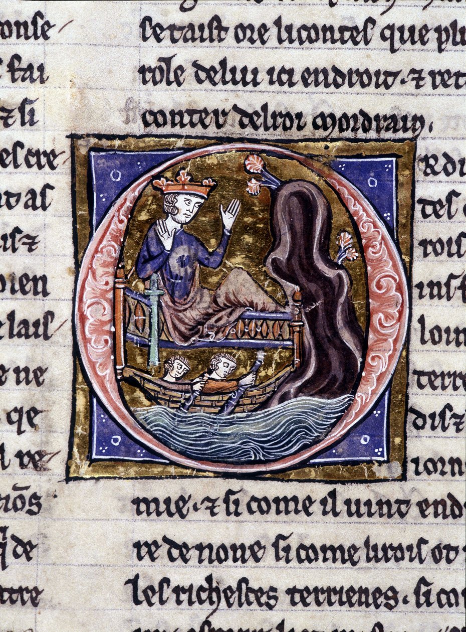 Rei Modreius. Manuscrito: Conquista do Saint Gréal, escrito 717 anos após a paixão do nosso senhor. Bibliotheque municipale de Rennes, ms. 255 (Coleção de romances da Távola Redonda); Paris de Unknown artist