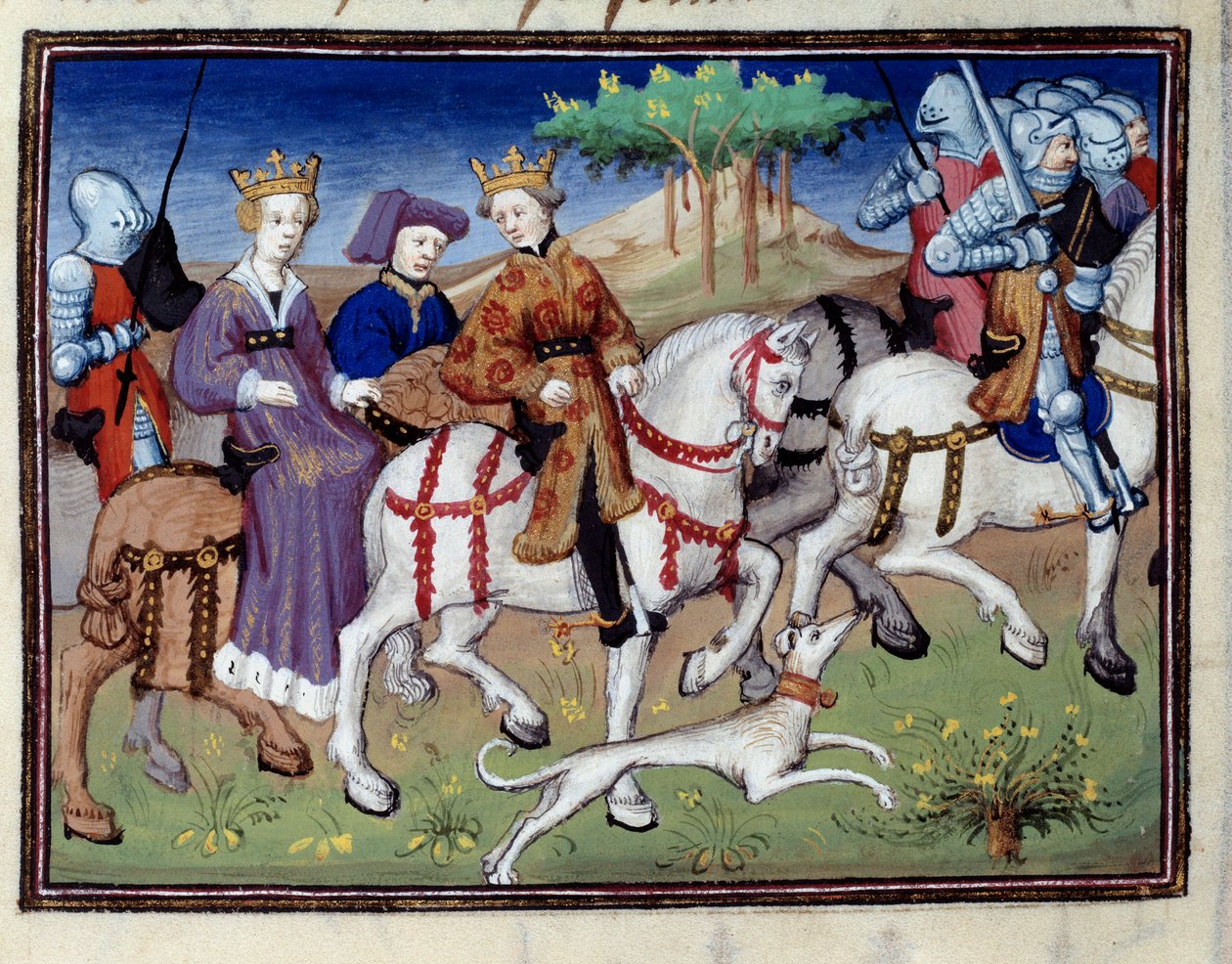 Rei Filipe VI de Valois e a Rainha Branca de Navarra (?) Início da caça Miniatura tirada de "O livro de caça" de Gaston III Fobus, Conde de Foix, Senhor de Bearn (1331-1391) de Unknown artist