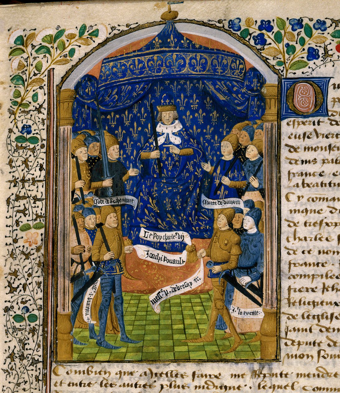 Rei de França Carlos VII (1403-1461) e sua corte. À direita: Jean d