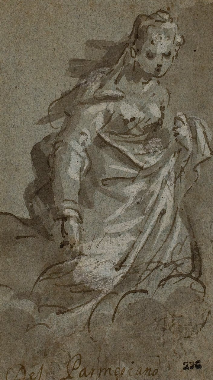 Figura feminina ajoelhada nas nuvens (frente); esboços de figuras (verso) de Unknown artist