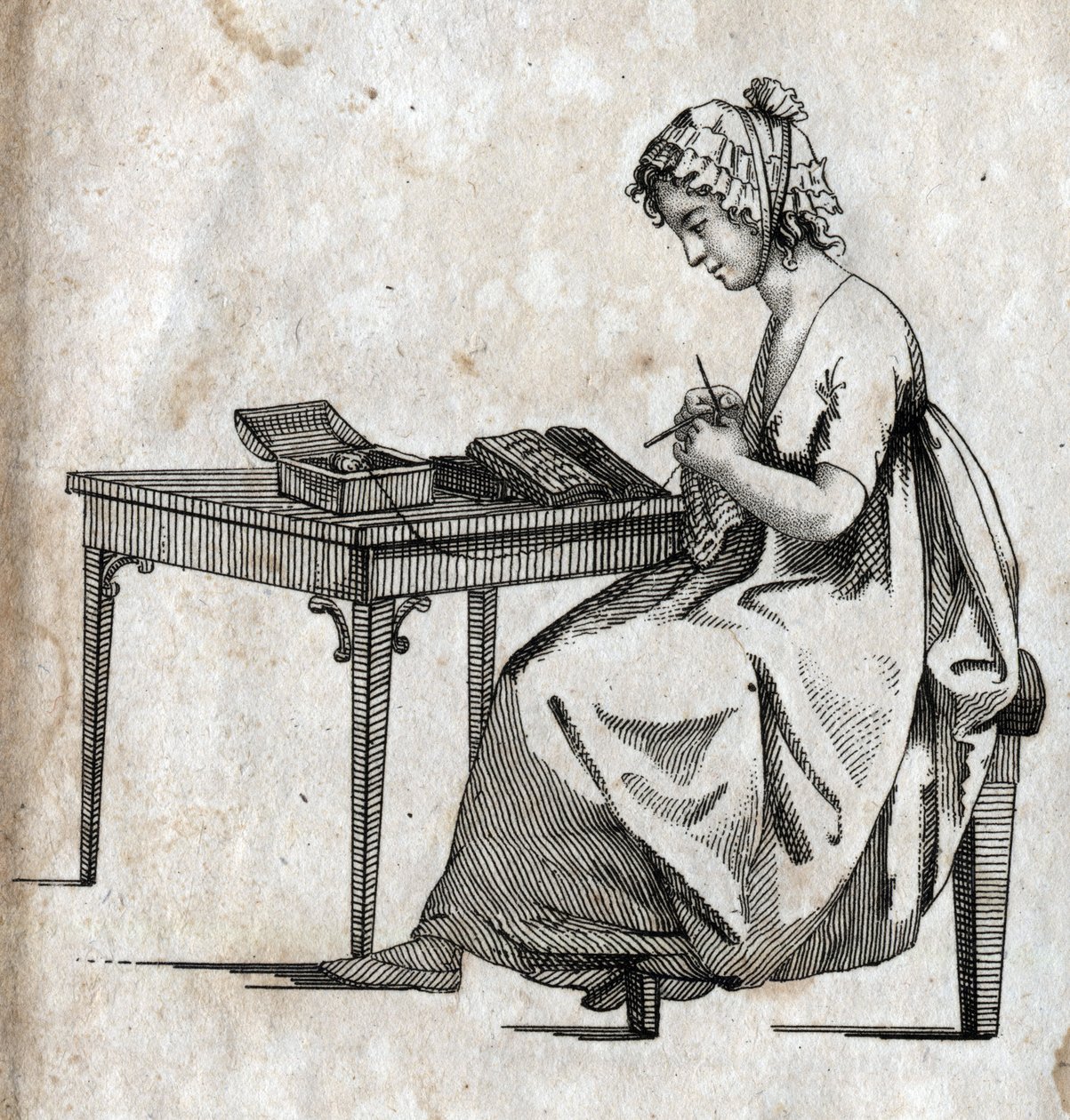 Máquina de tricô: mulher ocupada em tricô de lã (tricô) Gravura no final do século XVIII. Colecção privada. de Unknown artist