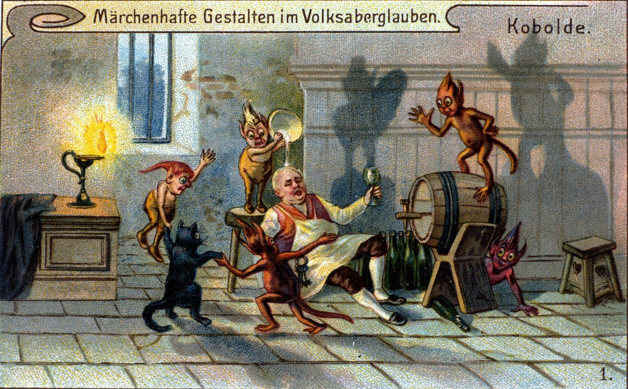 Koboldes, pequenos duendes ou farfadets da tradição popular alemã. chromolithographof do século XIX. de Unknown artist